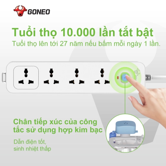 Ổ CẮM ĐIỆN GONEO N1040 – 4 Ổ ĐA NĂNG 1 CÔNG TẮC – CHỐNG CHÁY,CÔNG SUẤT 2500W – CHÍNH HÃNG