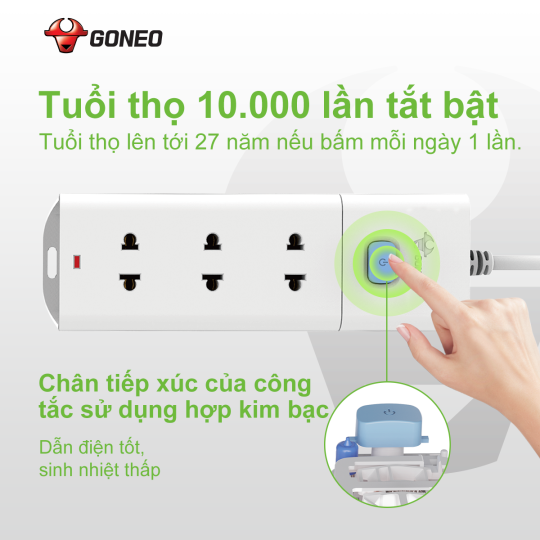 Ổ CẮM ĐIỆN CHỐNG CHÁY GONEO ĐA NĂNG 3 Ổ 1 CÔNG TẮC 2500W – V1030 – AN TOÀN – CHỐNG CHÁY