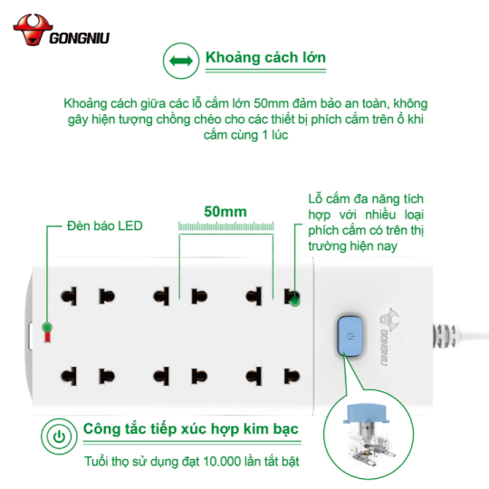 Ổ CẮM ĐIỆN CHỐNG CHÁY GONEO ĐA NĂNG 6 Ổ 1 CÔNG TẮC 2500W – V1060 – CHÍNH HÃNG – AN TOÀN – TIỆN LỢI