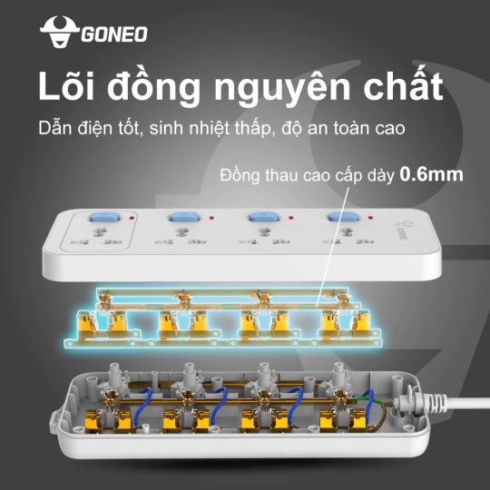 Ổ CẮM ĐIỆN CHỐNG CHÁY GONEO ĐA NĂNG 6 Ổ 1 CÔNG TẮC 2500W – V1060 – CHÍNH HÃNG – AN TOÀN – TIỆN LỢI