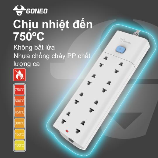 Ổ CẮM CHỐNG CHA GONEO ĐA NĂNG 8 Ổ 1 CÔNG TẮC 2500W – V1080