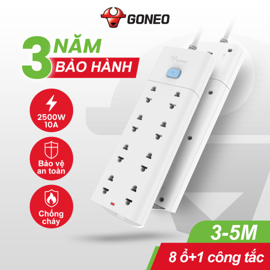 Ổ CẮM CHỐNG CHA GONEO ĐA NĂNG 8 Ổ 1 CÔNG TẮC 2500W – V1080