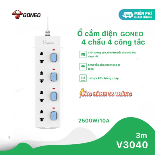 Ổ CẮM ĐIỆN CHỐNG CHÁY GONEO ĐA NĂNG 4 Ổ 4 CÔNG TẮC 2500W – V3040 – CHÍNH HÃNG – AN TOÀN – CHỐNG CHÁY